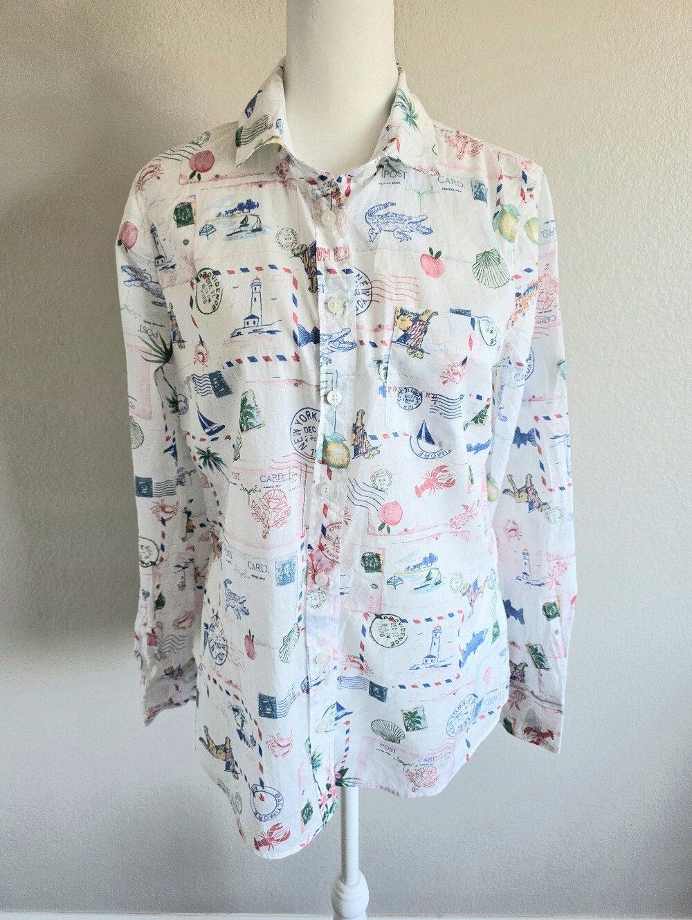 J.Crew Postcard Travel Print Button Up Shirt Cotton Long Sleeve Women's Size S